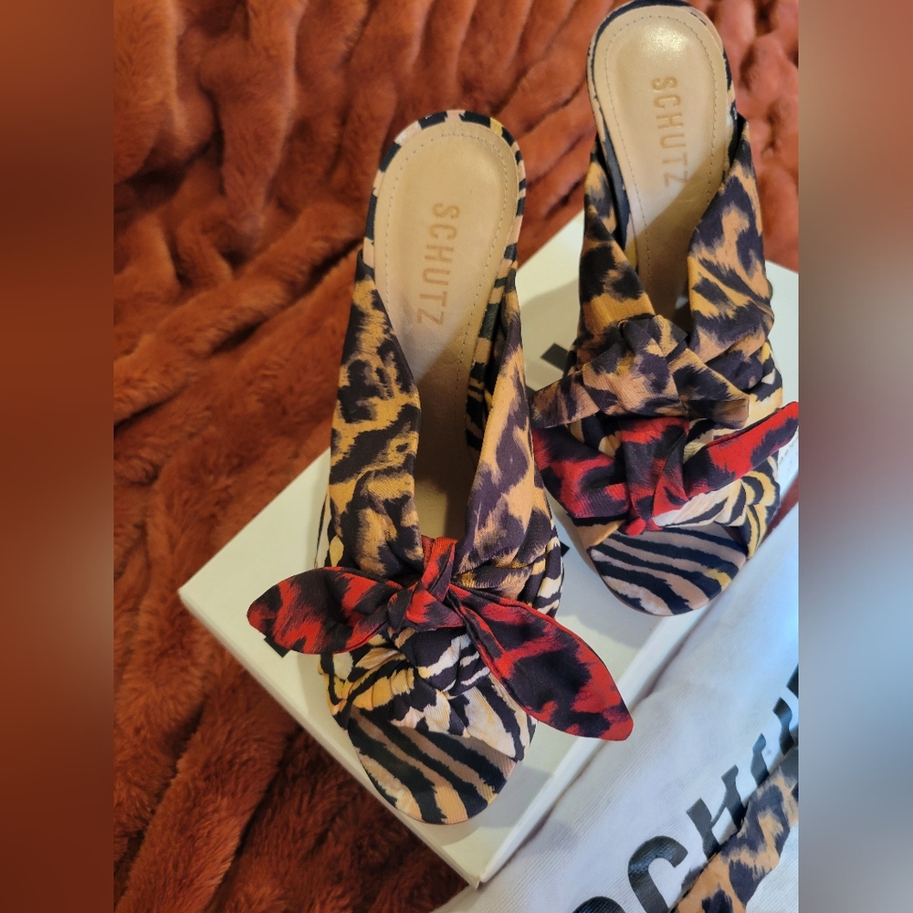 SCHUTZ Multicolor Animal Print Knot Mules with Red Accent
